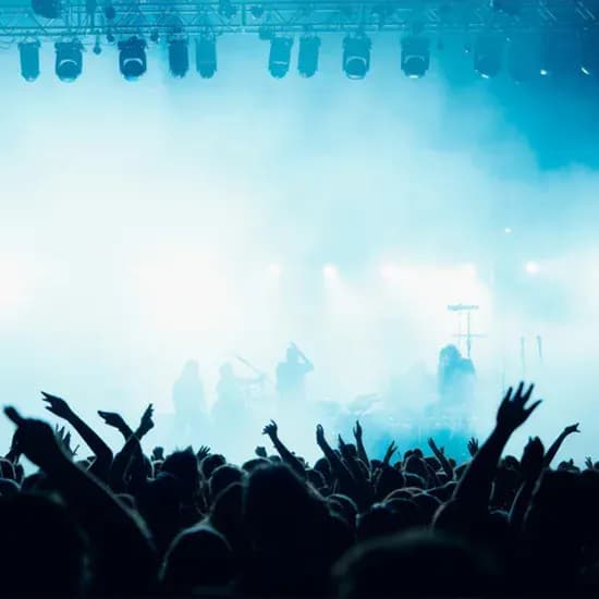 Crowd watching a live gig with stage lights and performers in the background