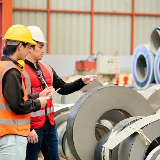 Two manufacturing workers in high-visibility vests and hard hats inspecting steel coils on a factory floor
