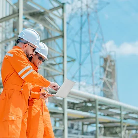 Renewable energy site team in orange protective clothing reviewing work on a laptop