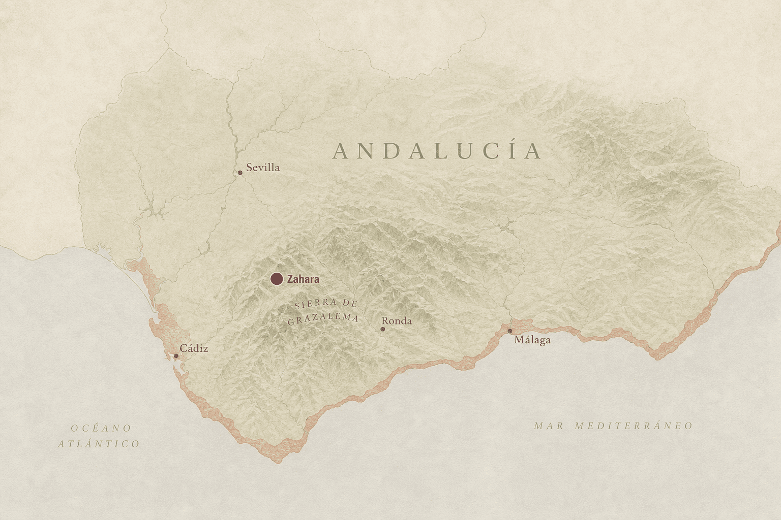 Map of Andalusia with Zahara de la Sierra marked