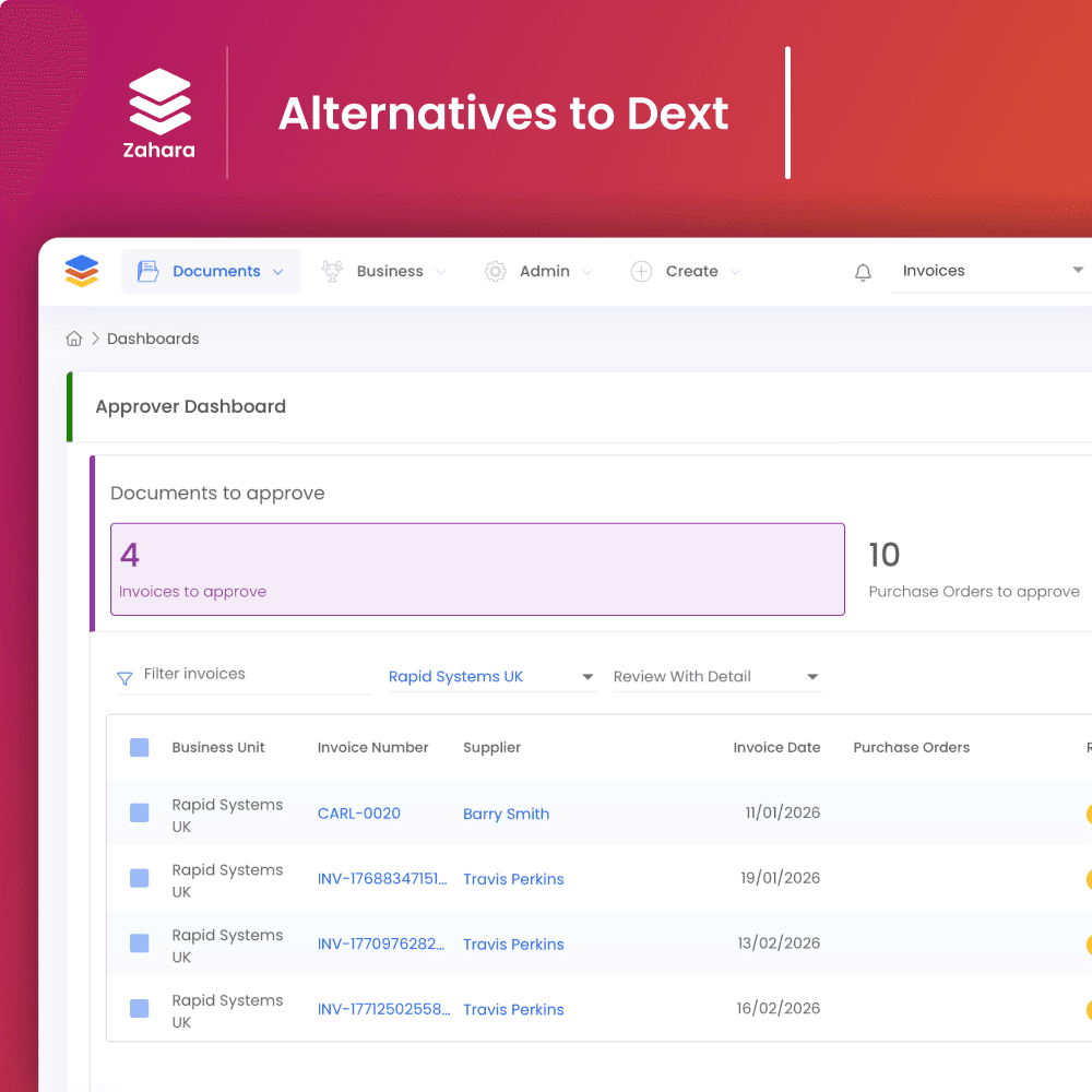 Zahara's dashboard showcasing accounts payable features as an alternative to Dext