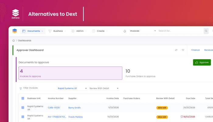 Zahara's dashboard showcasing accounts payable features as an alternative to Dext