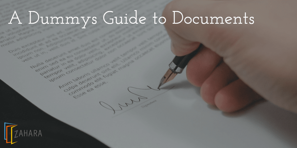 A hand holding a pen signs a document titled "A Dummys Guide to Documents," with an invoice logo in the lower-left corner.