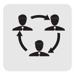 Icon of three people connected by arrows in a circular motion, indicating a continuous flow or cycle between them.