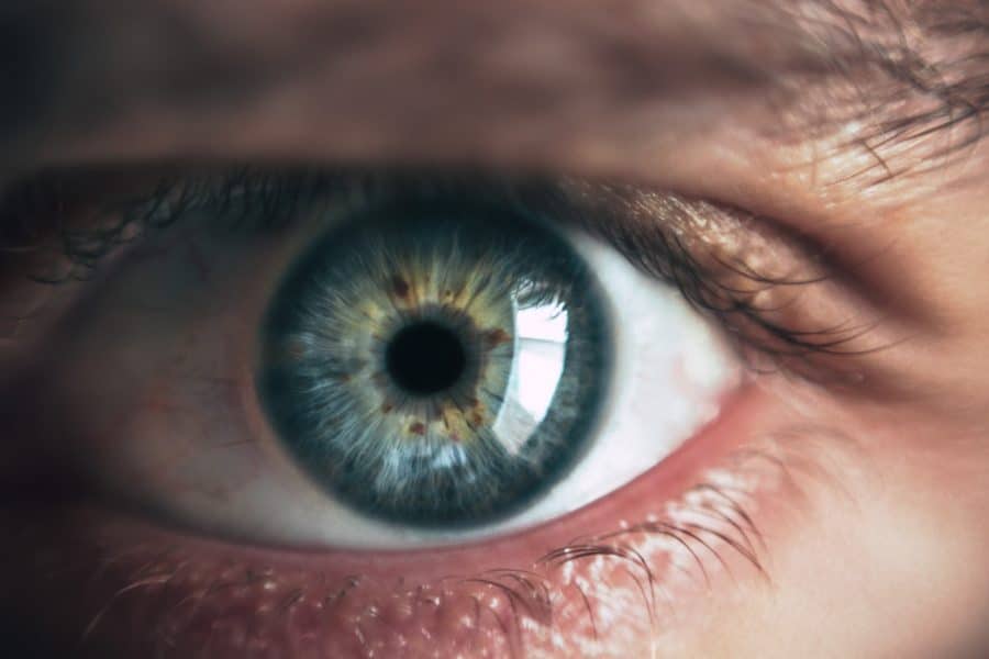 Close-up of a blue-green eye with a detailed view of the iris and surrounding eyelid.