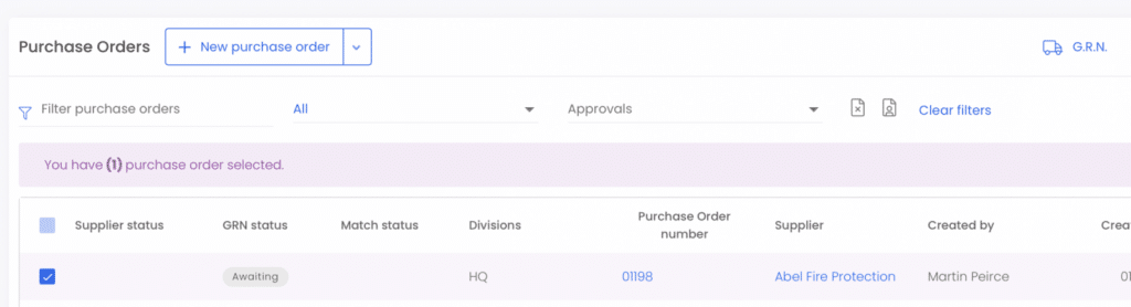 purchase order document highlighting grn