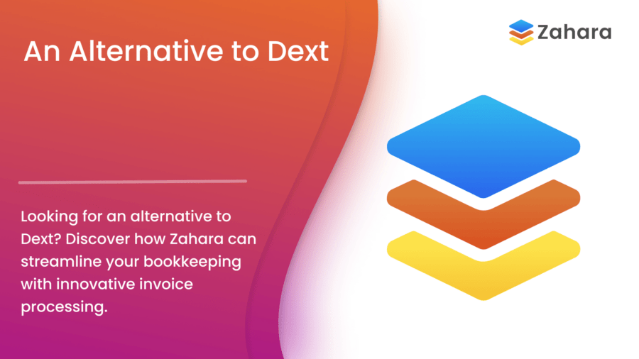 Gradient background with the text "An Alternative to Dext." Features Zahara logo and a description of its innovative invoice processing, offering a seamless alternative to Dext for streamlined bookkeeping.