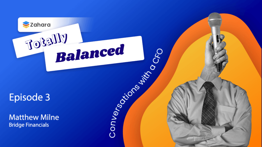 Podcast cover for "Totally Balanced." Features "Conversations with a CFO, Episode 3," with Matthew Milne from Bridge Financials. Shows a collage with a suit holding a microphone.
