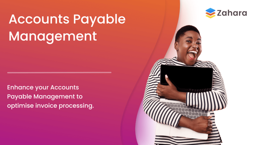 A smiling person holds a laptop against an orange and pink gradient backdrop. The text declares, "Boost your Accounts Payable Management to optimize invoice processing.
