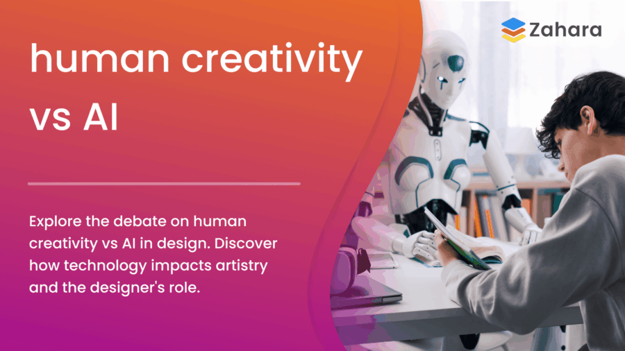A person writes at a desk beside a humanoid robot; text explores the debate on human creativity vs AI in design, highlighting the Zahara logo in the corner.