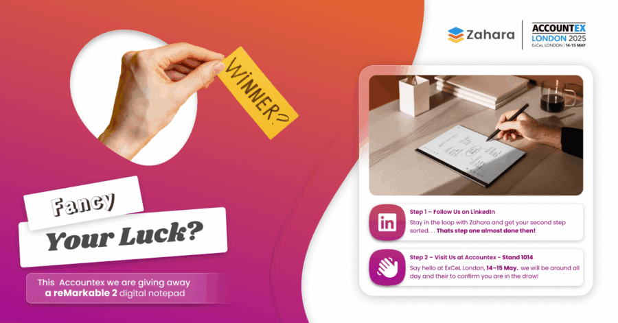 A hand holds a card labeled "WINNER?" next to instructions for winning a digital notepad by following Zahara on LinkedIn and visiting their stand at AccountEx London 2023.