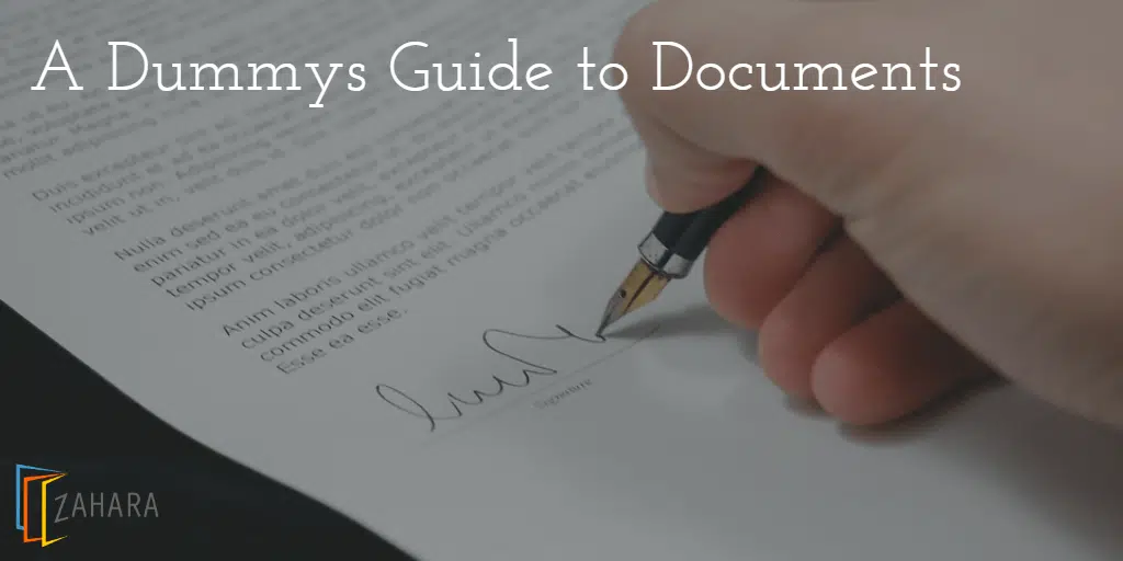 A hand holding a pen signs a document titled "A Dummys Guide to Documents," with an invoice logo in the lower-left corner.