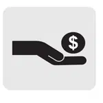 Icon depicting a black silhouette of a hand holding a coin with a dollar sign on it, set against a light gray background.