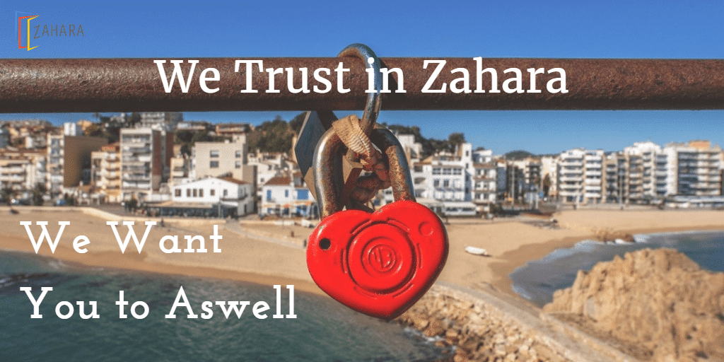 A red heart-shaped padlock attached to a rail overlooking a beach and coastal town with text reading "We Trust in Zahara. We Want You to Aswell," symbolizing the confidentiality and trust we place in Zahara.