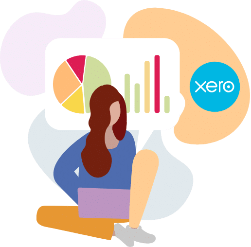 Illustration of a person sitting with a laptop, displaying a speech bubble containing a pie chart and bar graph. The Xero logo, an icon of efficient Invoice Approval Workflow Software Xero, is shown to the right.