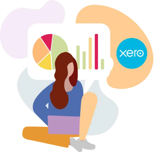 Illustration of a person sitting with a laptop, displaying a speech bubble containing a pie chart and bar graph. The Xero logo, an icon of efficient Invoice Approval Workflow Software Xero, is shown to the right.