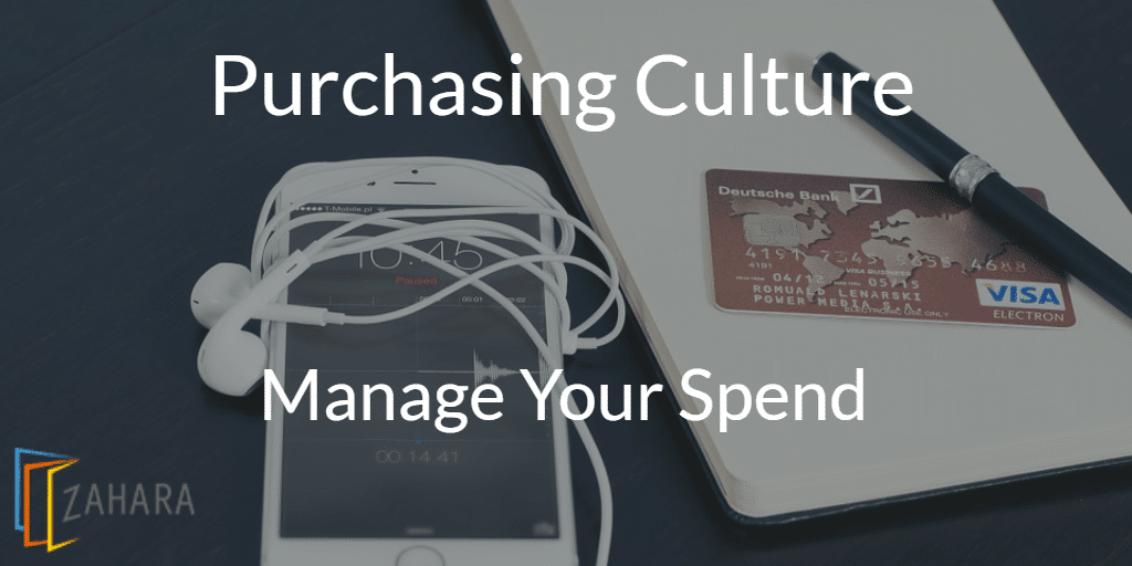 A smartphone with earphones, a notebook with a pen, and a Deutsche Bank Visa card are arranged on a table. Text overlay reads "Purchasing Culture" and "Manage Your Spend," with the Zahara logo in the corner.