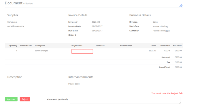 End result displaying the coding requirement before approval or rejection