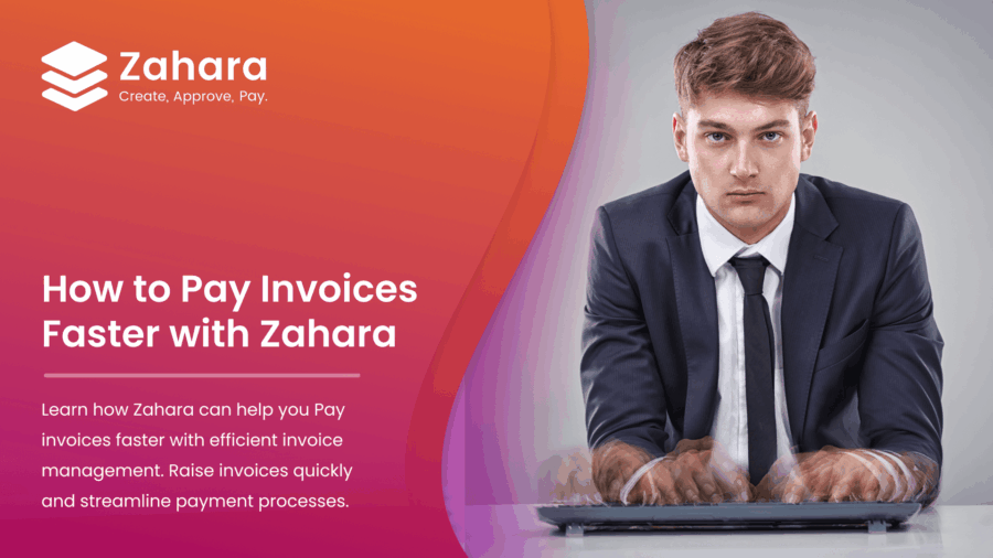 A focused man in a suit types quickly on a keyboard, motion blur capturing his speed; a gradient background displays the Zahara logo and text highlighting how to pay invoices faster.