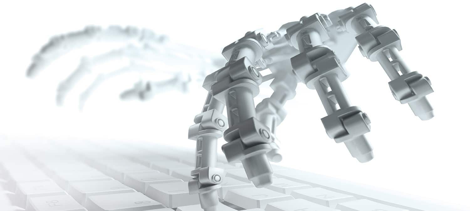 A robotic hand is depicted typing on a keyboard, with multiple exposure effects showing movement and speed.