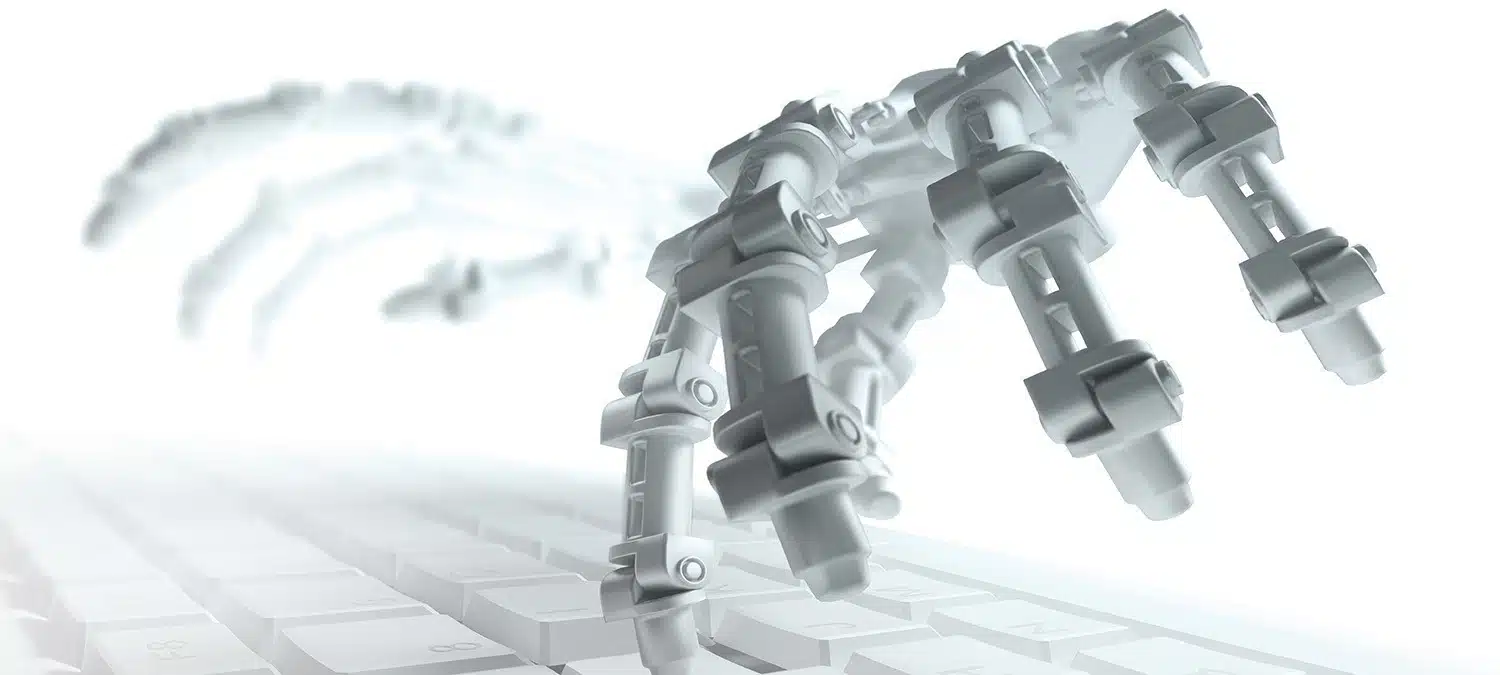 A robotic hand is depicted typing on a keyboard, with multiple exposure effects showing movement and speed.