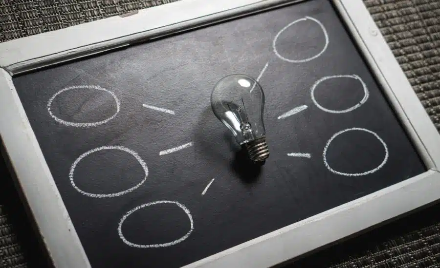 A lightbulb placed on a chalkboard with several chalk-drawn circles and connecting lines, suggesting a brainstorming or idea flow concept.