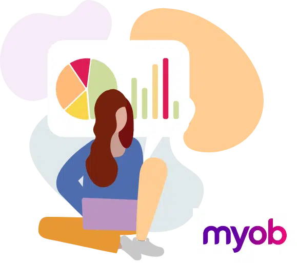 Illustration of a person using a laptop with a speech bubble showing a pie chart and bar graph, with the text "myob" in the bottom right corner.