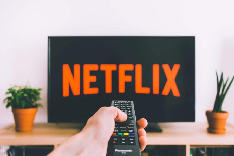 A person points a Netflix-branded remote control at a television displaying the logo, with two potted plants elegantly placed on the TV stand.