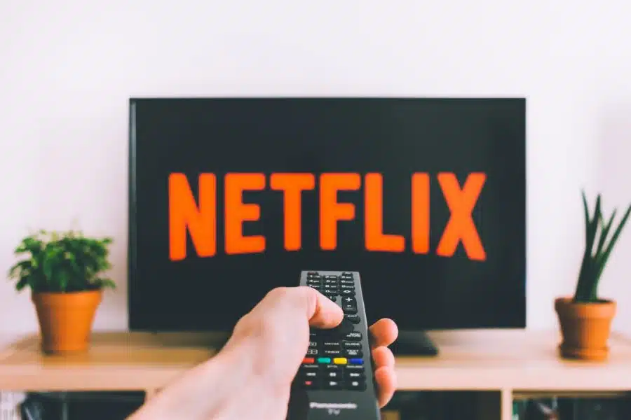 A person points a Netflix-branded remote control at a television displaying the logo, with two potted plants elegantly placed on the TV stand.