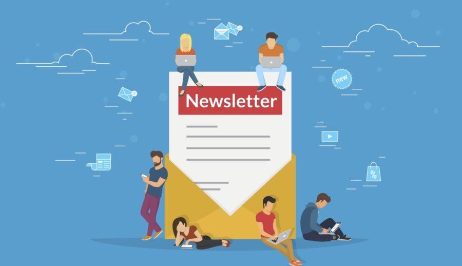 Illustration of six people using electronic devices around a large envelope labeled "Newsletter" against a blue background with icons representing communication and technology.