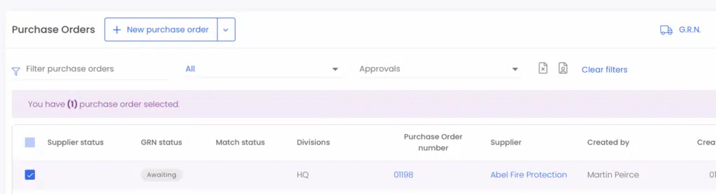 purchase order document highlighting grn