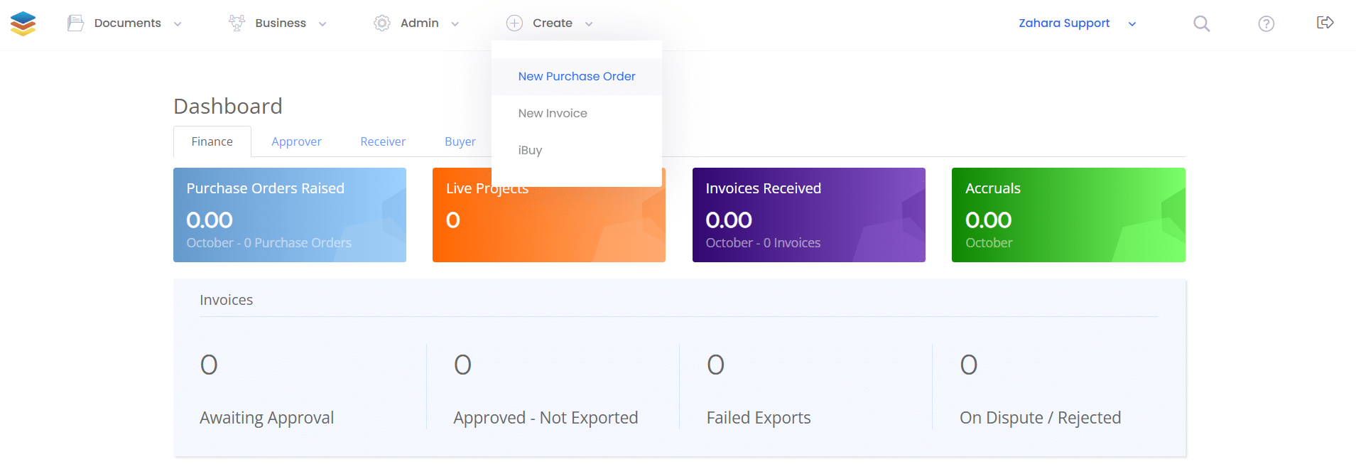 dashboard with create purchase order