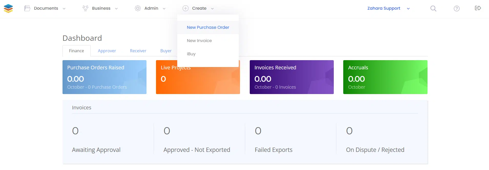 dashboard with create purchase order