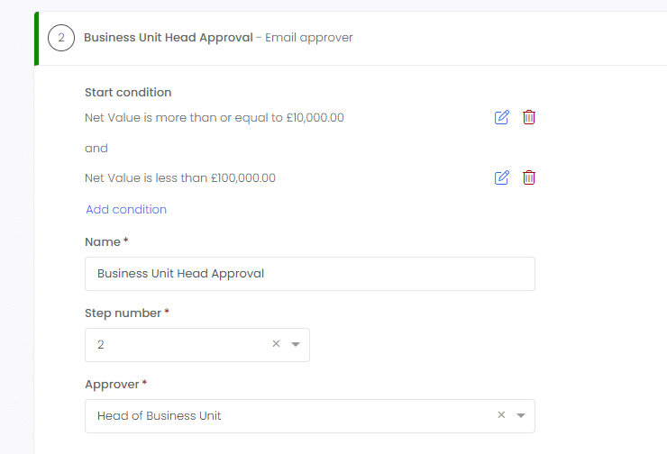 Workflow step showing a conditional start