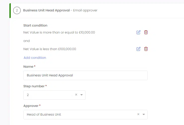 Workflow step showing a conditional start