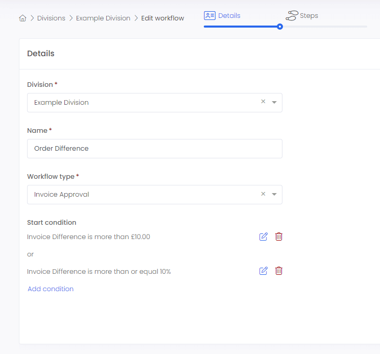 Start conditions of an order difference workflow