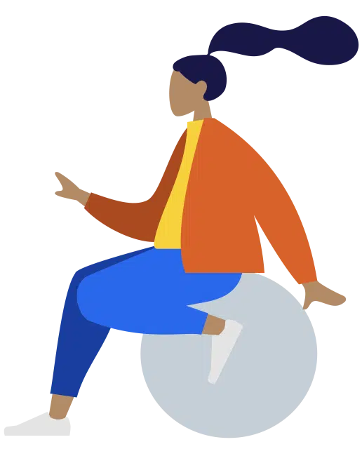 Illustration of a person with a ponytail, wearing a red jacket, yellow shirt, and blue pants, riding on a unicycle.