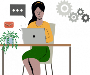 GRN an order guide Illustration of a person with a long ponytail, wearing a red jacket, blue pants, and white shoes, sitting on a large gray sphere with one leg up.