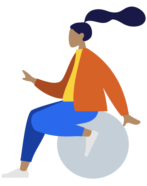 GRN an order guide Illustration of a person with a long ponytail, wearing a red jacket, blue pants, and white shoes, sitting on a large gray sphere with one leg up.