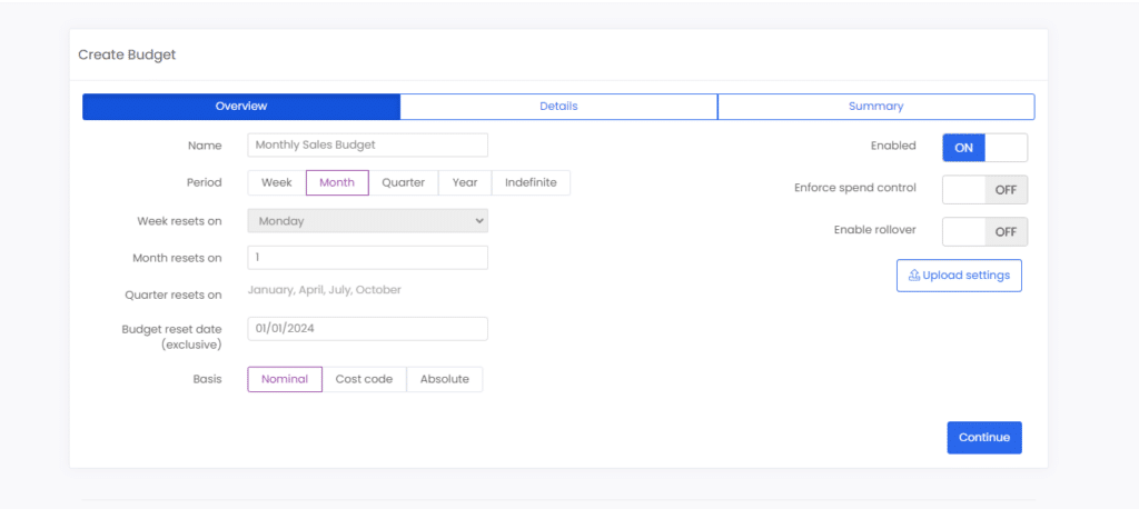 screenshot of the 'Create budget' screen