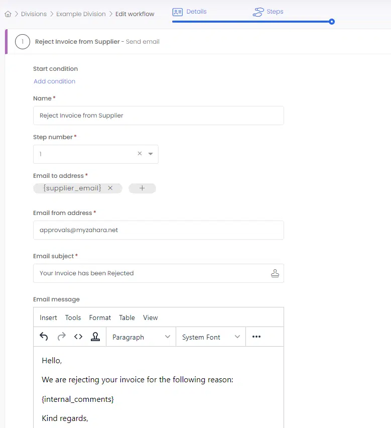 An example of a Send Email workflow step