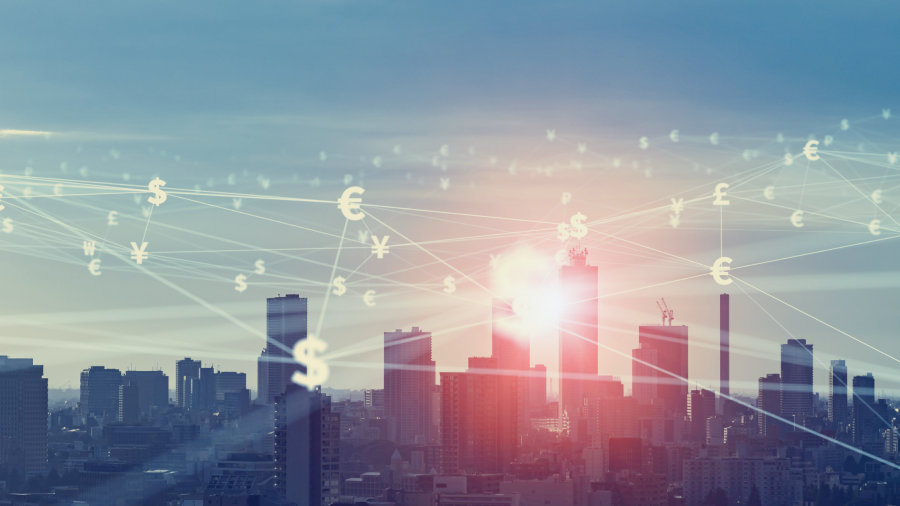 View of a city skyline at sunset with various currency symbols connected by lines, representing the global financial networks of the 4th industrial revolution.