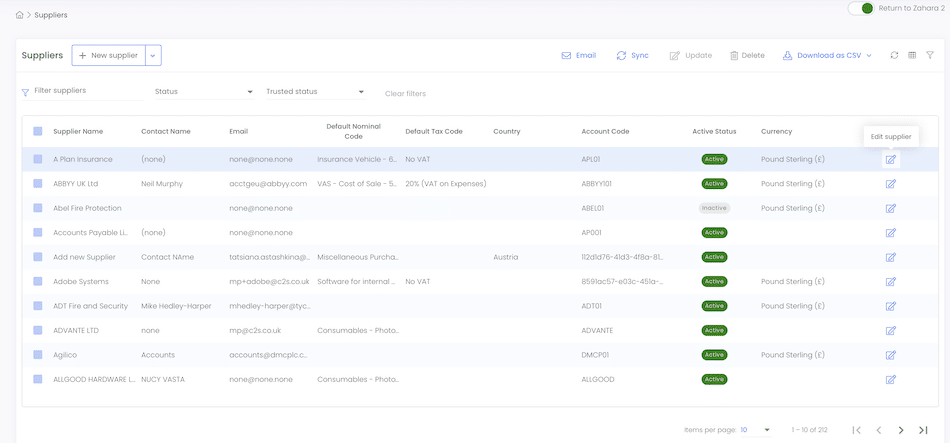 screen shot supplier purchase order