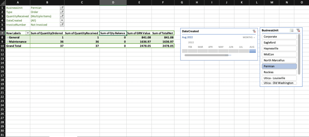 screen shot of an excel page
