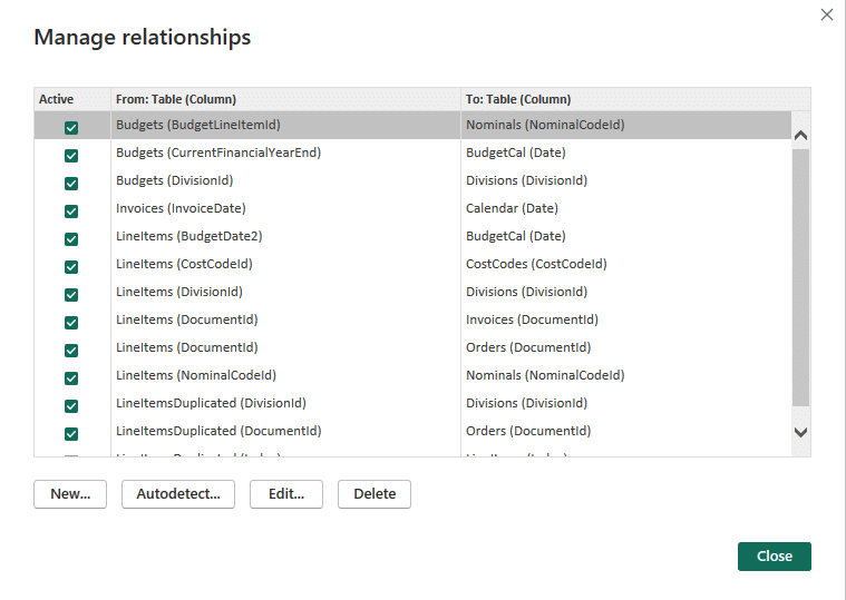 screen shot of database tables