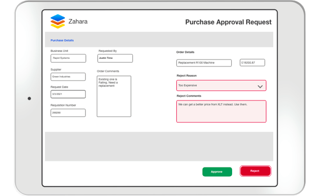 Tablet displaying a purchase approval request form with details including requester name, supplier, order costs, and comments. The form has options to approve or reject; the reject option is selected.