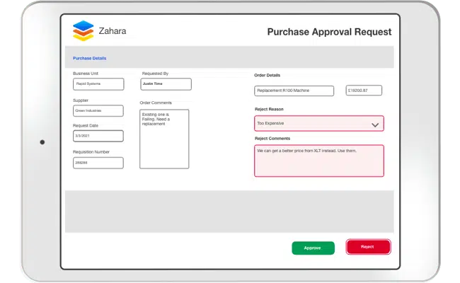 Tablet displaying a purchase approval request form with details including requester name, supplier, order costs, and comments. The form has options to approve or reject; the reject option is selected.