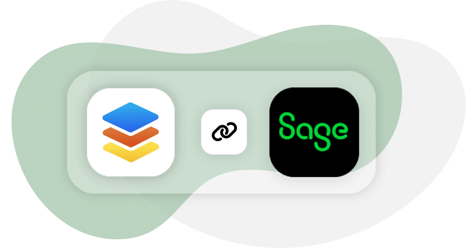 Logos of three interconnected platforms: Google Apps (left), a chain link icon (center), and Sage (right), against a green abstract background.