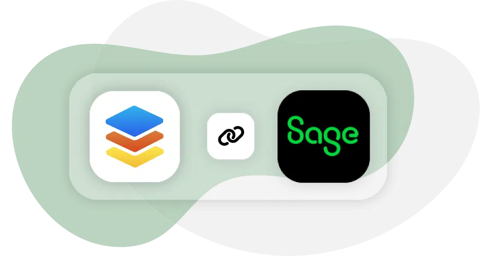 Logos of three interconnected platforms: Google Apps (left), a chain link icon (center), and Sage (right), against a green abstract background.
