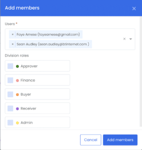 The 'add members' pop-up, with multiple users selected. Below is a list of available roles to be granted to the users.